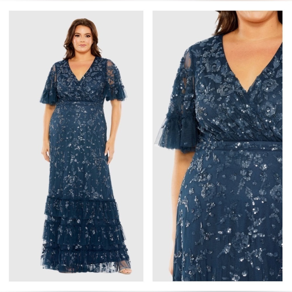 MAC DUGGAL 9270 NWT Sequin Embellished Flutter Sleeve Faux Wrap Tiered Gown